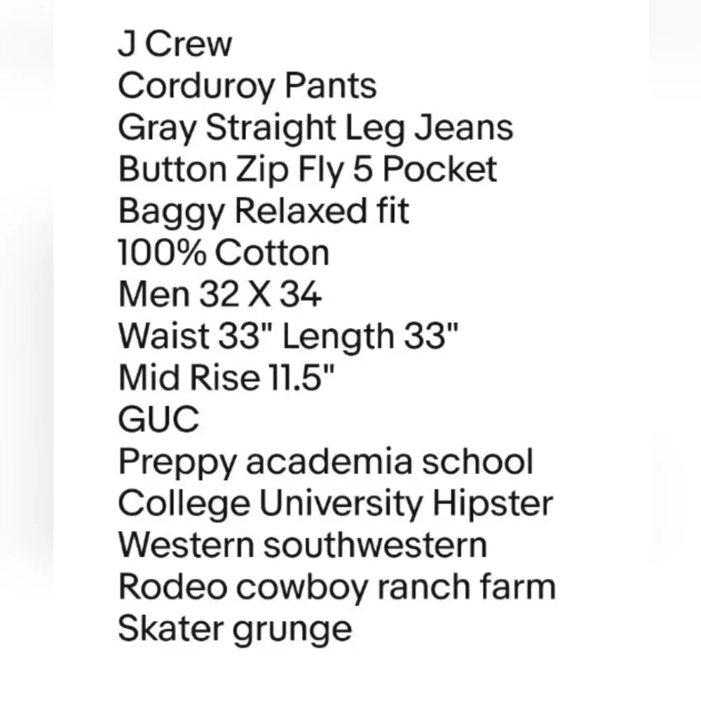 J Crew Corduroy Pants Men Sz 32 X 34 Gray Baggy Straight Leg Jeans Preppy Skater